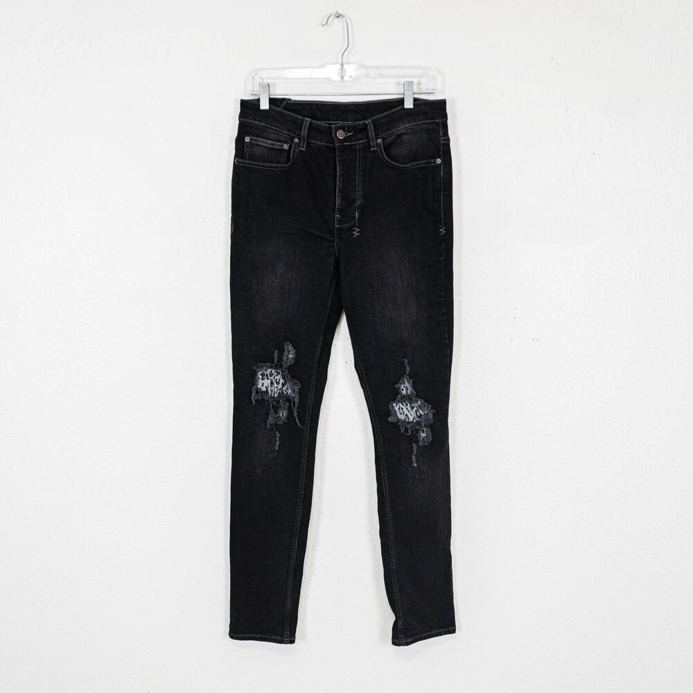 Ksubi Men's Black Chitch Skinny Jeans Leopard Patch Distressed 31